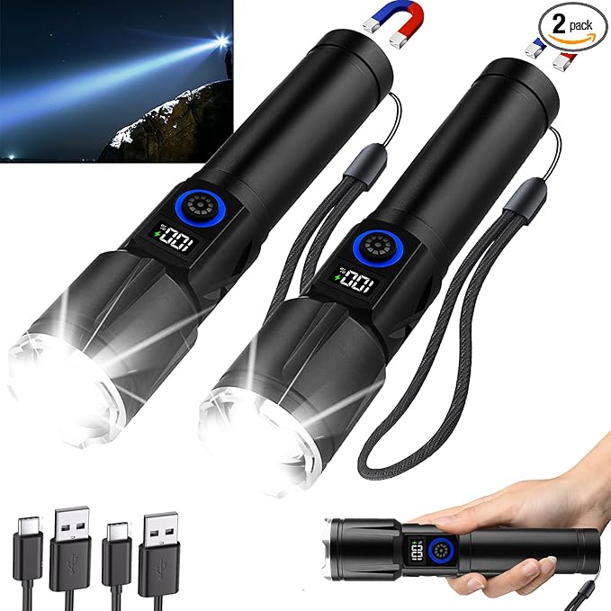 Magnetic Flashlights High Lumens Rechargeable 2 Packs, 990,000L High Lumens Super Bright LED Tactical Handheld Flash Light with 5 Modes, USB C, Zoomable Beam, Digital Power Display, IP76 Waterproof