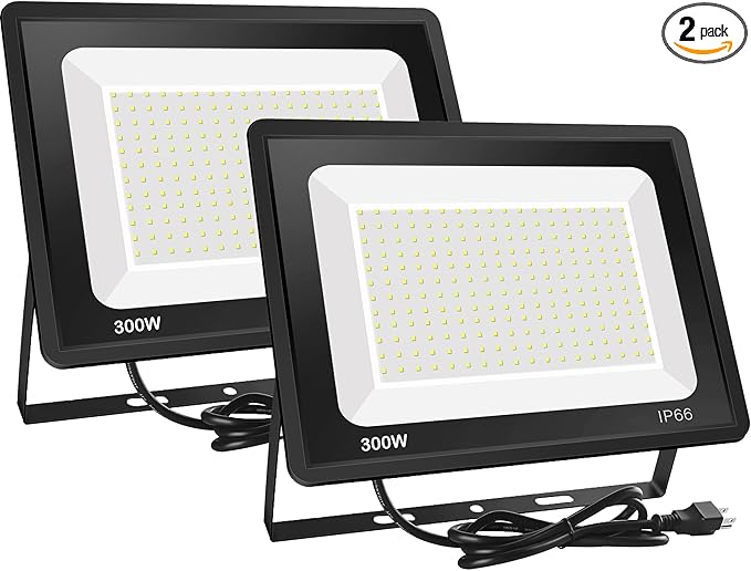 2 Pack 300W LED Flood Light Outdoor (1600W Equivalent), 36000LM Ultra Bright Security Lights, IP66 Waterproof Exterior Plug in Floodlight, 6000K Daylight White for Lawn Yard Garden Stadium