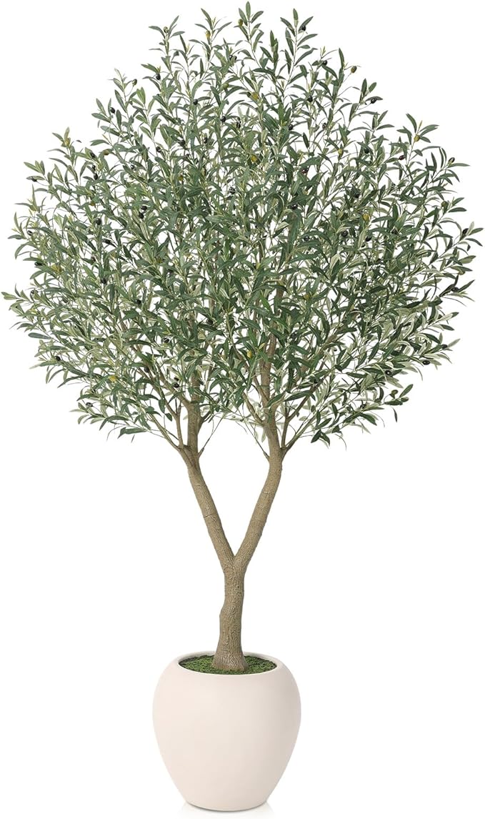 Olive Trees Artificial Indoor,8Ft Large Faux Plants,Tall Fake Tree with 18in White Round Planter,Full & Lush Faux Olive Tree for Home Decor Living Room, Office or Bedroom,Housewarming