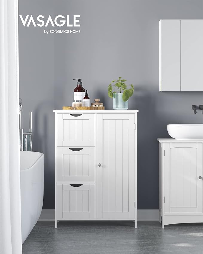 VASAGLE Floor Storage Cabinet, Freestanding Storage Unit with 3 Drawers, 1 Adjustable Shelf, for Bathroom Living Room Dining Kitchen, 11.8 x 23.6 x 31.5 Inches, White UBBC49WT