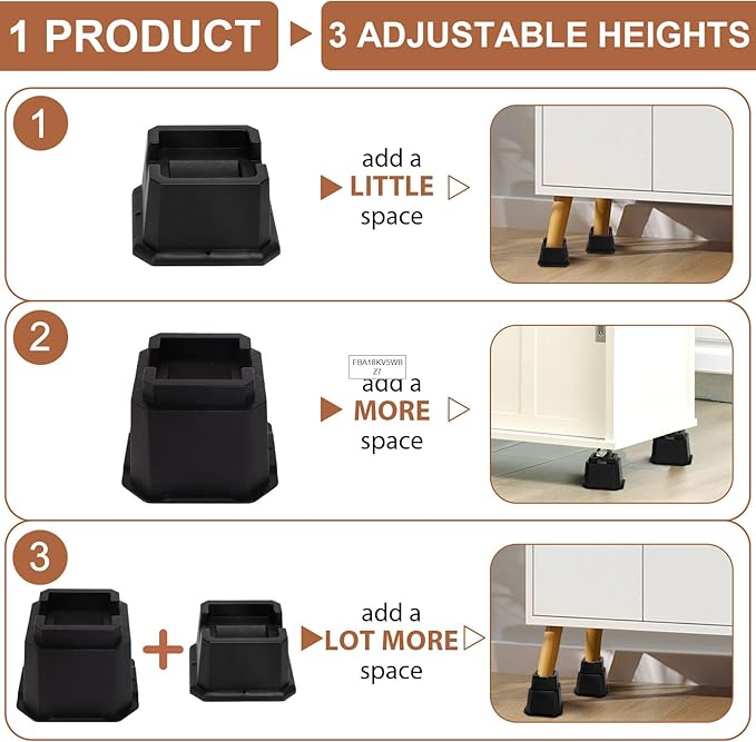 shouwuhho Bed Risers 7 inch, Furniture Risers Elevation in Heights 7 Inch Heavy Duty, Bed Lift Risers for Caster Wheels or Posts of Bed Table Couch, Support up to 6000 lbs, Black, 4 Pack