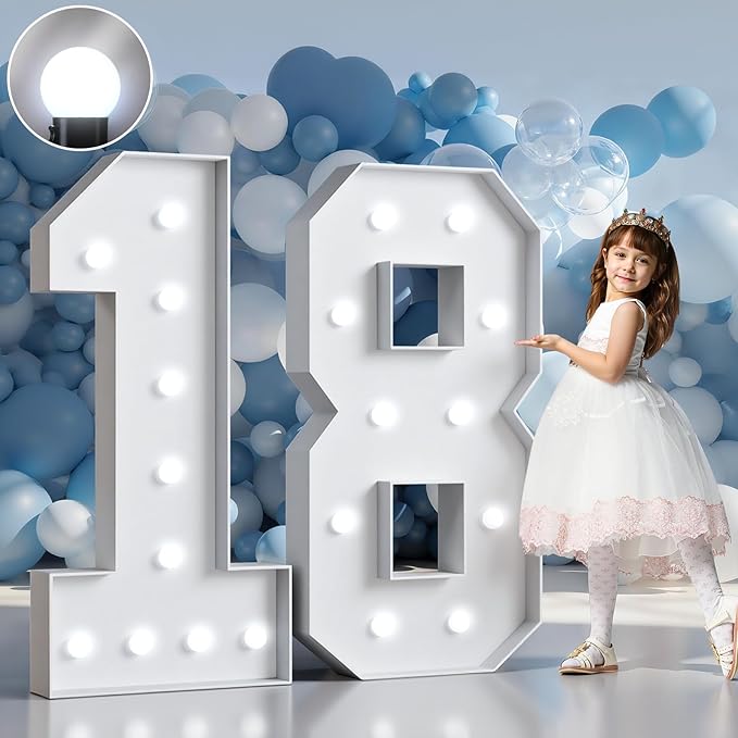 Marquee Numbers 4 Feet Tall Big Light Up Numbers Happy 18th Birthday Decorations Girl Boy White Anniversary Party Decor Large Cardboard Prop Backdrop Sign 18