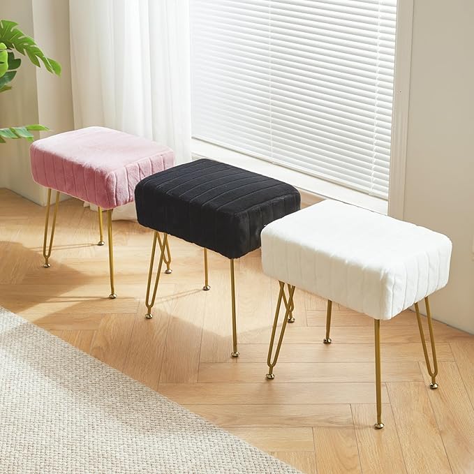 IBUYKE Velvet Rectangular Footrest Ottoman, Makeup Vanity Stool Side Table, Velvet Dressing Table Seat, Pouf Couch Stool, Golden Steel Legs, Pink LG-51P