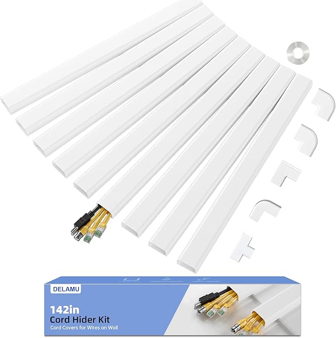Delamu Cord Hider Cover, 142in TV Cable Concealer Kit for Wall Mounted TV with Management 3-4 Wires, Paintable Cable Cover for Floor, Easy Install, W 1.18 H 0.63in, White