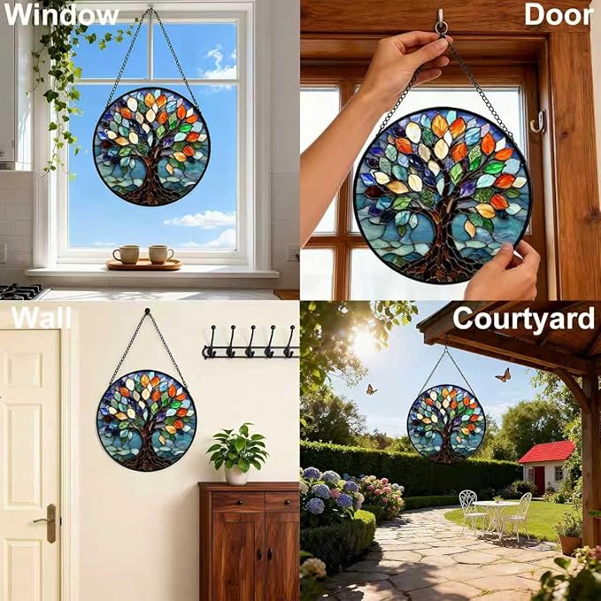 Stained Glass Window Hanging, Tree of Life Sun Catcher Glass Panel with Metal Chain, 7.88’’ Indoor/Outdoor Art Decor for Home Garden, Birthday, Christmas