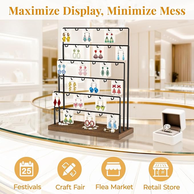 EsLuker.ly Earring Card Display Stand for Vendors Events Selling, Earring Holder Rack Metal 6 Tier 36 Hooks with Wooden Base, Large Capacity Showcase Your Jewelry at Any Event, Black