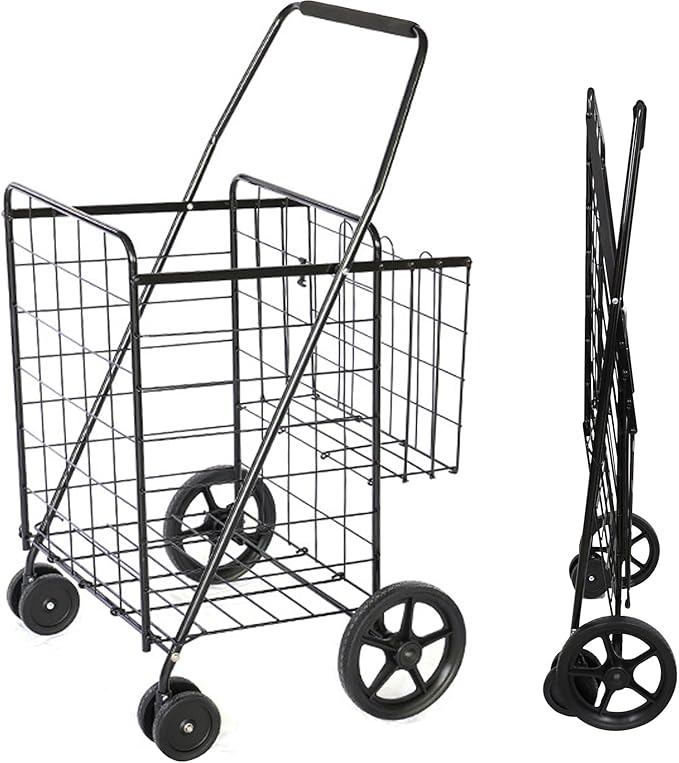 Folding Shopping Cart, Jumbo Grocery Cart with Double Baskets, 360° Swivel Wheels, Heavy Duty Utility Cart, 132 LBS Large Capacity Utility Cart for Groceries Laundry Book Luggage, Black