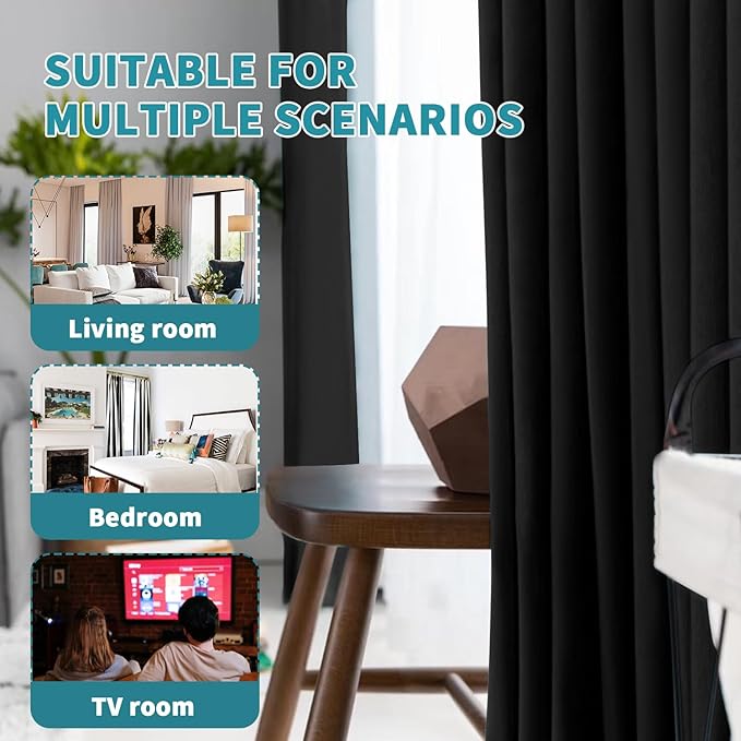 BGment Sliding Door Curtains for Living Room 1 Panel, Blackout Curtains 84 Inch Length Thermal Insulated and Soundproof Window Curtain Drapes for Bedroom, Black, Each Extra Wide Curtains 120 Inch