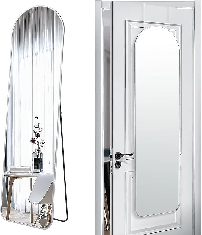 57x16 Door Hanging Full Length Mirror, Floor Stand (Height 5.7ft just Body in1.3ft) / Wall Mounted Metal Frame Arch Dressing Mirrors for Bedroom Living Room 57 inch Silver