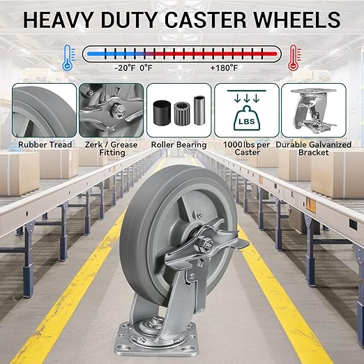 8'' × 2'' Caster Wheels, Heavy Duty Industrial Casters Set of 4 Rubber Wheels, Load 4000lbs Capacity, Swivel Caster for Cart Dolly Toolbox (2 Brake & 2 Rigid)