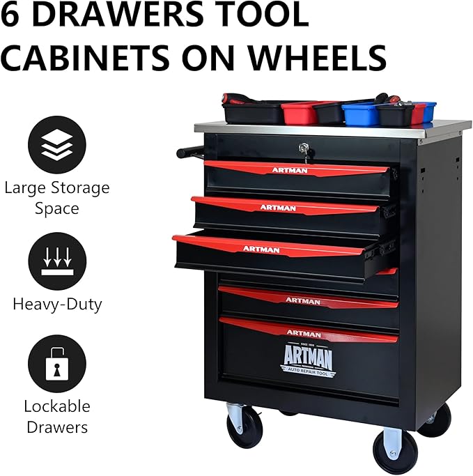 6 Drawer Rolling Tool Chest with Locker, 22.2" D Metal Movable Lockable Tool Cart Box Multi-Functional Hardware Storage Cabinet Box for Warehouse Basement Home Pantry Garage