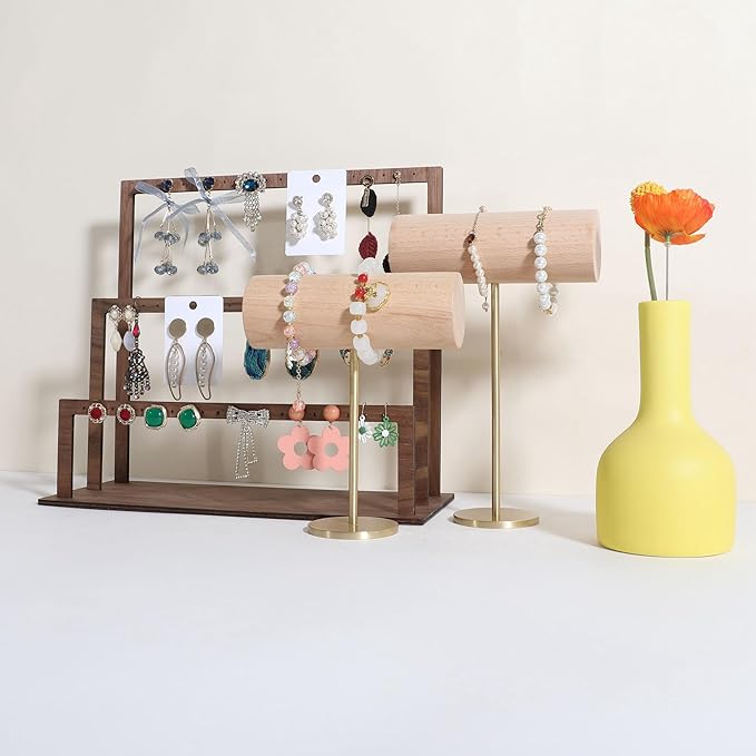 GemeShou White bracelet holder stand for selling, wood bracelet organizers and storage, retail bracelet hanger display for boutique Home Decor【Beech Brass Bracelet Holder-Low】