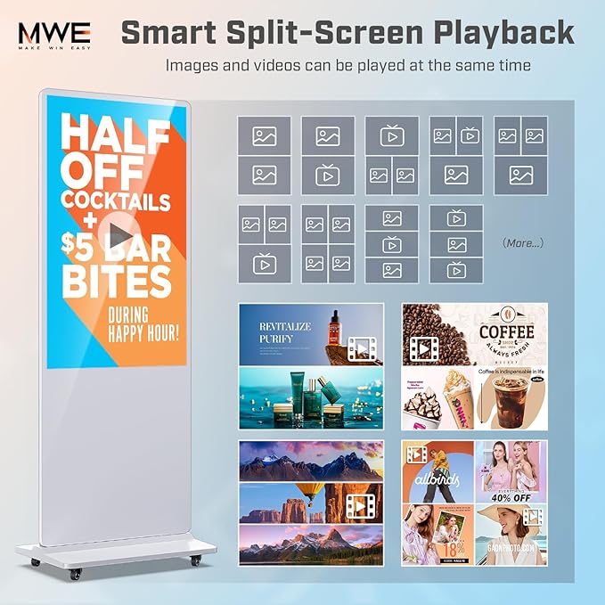 MWE 43 Inch Digital Signage Advertising Display Kiosk LCD Screen Indoor Floor Standing Commercial Totem Android System Vertical Poster with Auto Media Player-White