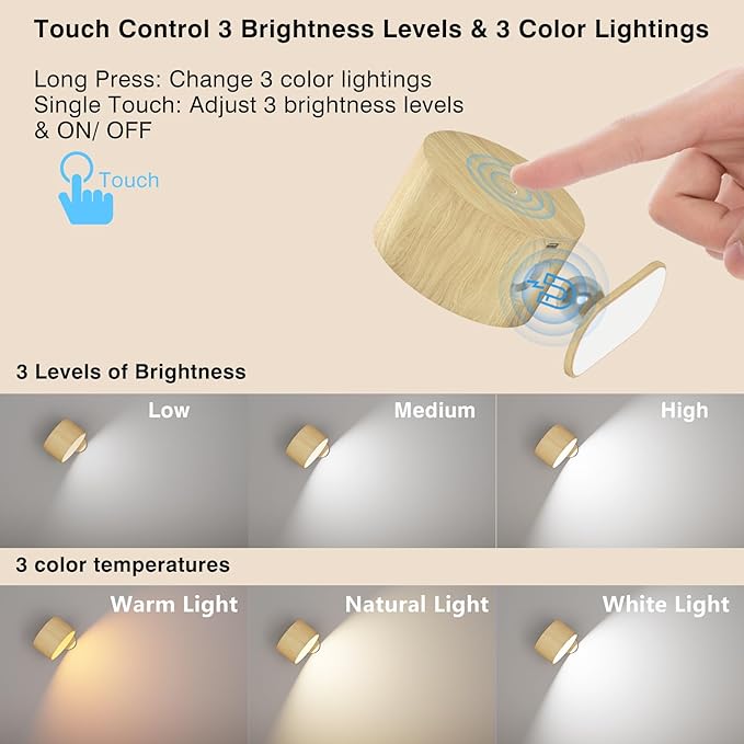 Battery Operated Wall Light, LED Wall Sconce with 3 Color Modes 3 Brightness Levels 360°Rotation Lighting Touch Control, Wall Mounted Lamp Cordless Wall Lamp for Bedroom Reading Bedside-1Pack