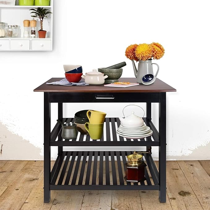 Island Oasis Solid Wood Kitchen Island with Drawer, Stainless Steel Towel Bar and Open Storage Multi-Purpose Prep Table for Home Kitchens Walnut and Black