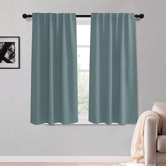 KGORGE Room Darkening Curtains for Bedroom 54 inch Length, Privacy Energy Saving Noise Reducing Small Window Treatments for Dining Room, Back Tab Rod Pocket, Dusty Blue, 2 Panels, W52 x L54