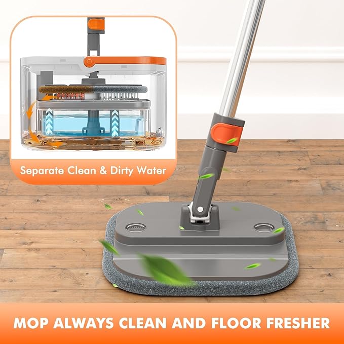 KZKR Upgraded Spin Mop and Bucket Set, Separate Clean and Dirty Water System, 360° Foldable Square Mop Head with Washable Microfiber Mops Pad, Detachable Bucket for Home Floor Cleaning