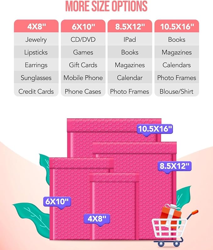 GSSUSA Large Bubble Mailers 10.5x16 Inch 250 Pack Pink Padded Envelopes, Strong Adhesion Bubble Mailer Self-Seal Bubble Envelopes for Mailing Clothes,Magazines