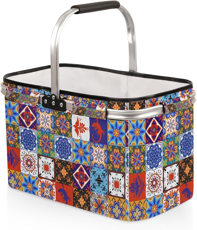 Boho Collapsible Market Basket, Mexican Talavera Tile Leakproof Folding Collapsible Portable Picnic Basket Strong Aluminum Frame for Travel, Shopping, Camping & Lake Trips