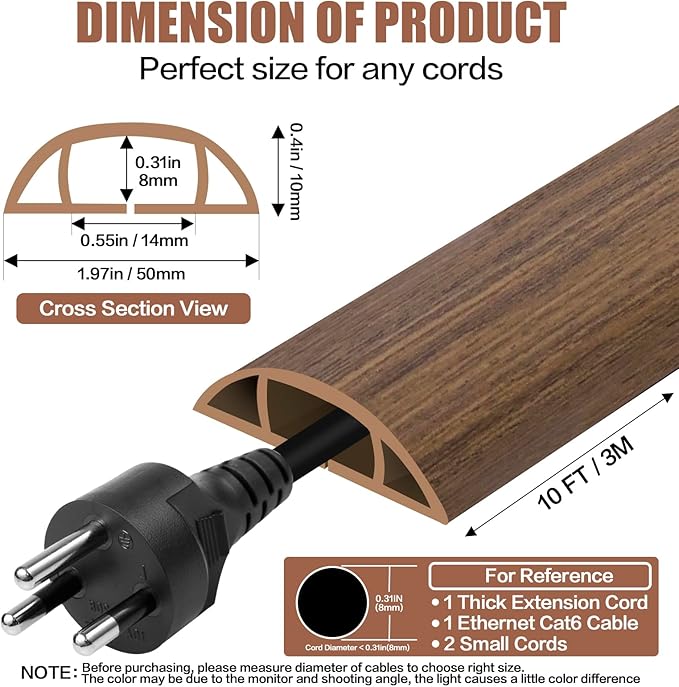 Floor Cord Cover Cable Cavity Self Adhesive Cord Hider Floor 10FT Floor Cable Management Power Cord Protector Floor Electric Cord Covers for Offices, Gym, Exhibitions (Misty Brown Wood, 1.97" x 10')