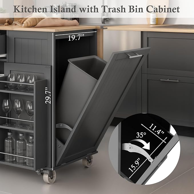 43.3" Rolling Kitchen Island Cart with Drop Leaf & Storage - Mobile Kitchen Organizer with Wheels, Rubberwood Top, Trash Bin Cabinet & Towel Rack, Farmhouse Style for Small Spaces Grey