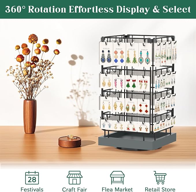 EsLuker.ly Rotating Earring Display Holder Stand for Vendors Events Selling, Large Capacity 64 Hooks Jewelry Rack with Wooden Base for Earring Card Sales, Enhances Retail Visibility(Dark Grey)