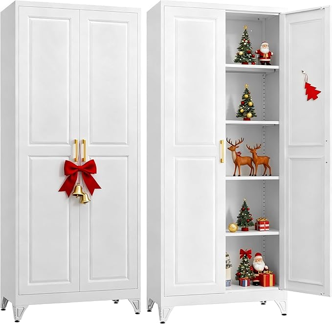 Kitchen Pantry Cabinet,75”White Metal Storage Cabinets with Doors and 4 Adjustable Shelves,Kitchen Cabinet with 2 Gold Handles,Tall Cabinet for Livingroom,Pantry, Bathroom