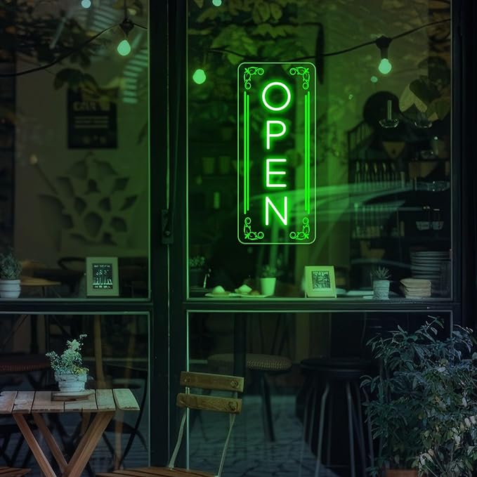 Vertical LED Open Signs for business – Super Bright - UV Printing Pattern, Remote Included - Large Size 12x30'' - Neon Open Sign for Café, Bar, Shop & Business Sign (Green)