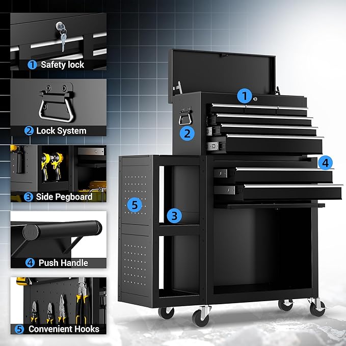 SILVEL 8-Drawers Rolling Tool Chest, Assembled Tool Box with Auto Locking System & Lockable Wheels & Sliding Drawers & Detachable Top, Tool Storage Cabinet for Garage Workshop