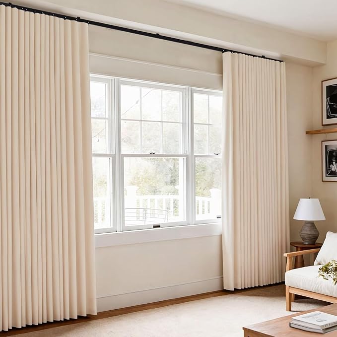 Room Divider Blackout Curtains Flexible Sliding Tracks Sets Ceiling Mounted Rod Window Curtain Privacy Separation for Bedroom Living Rooms,1 Panel Beige Drape and Black Track Set-W216xH72 in
