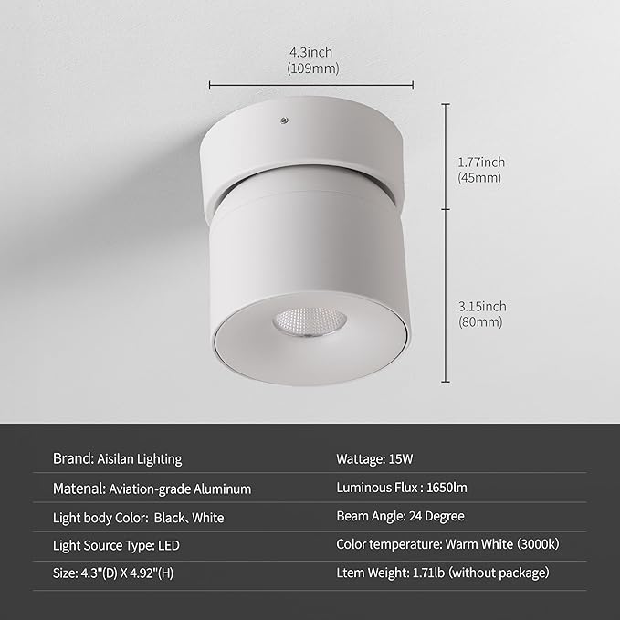 Aisilan Dimmable Ceiling Spotlight 2 Pack, Modern LED Wired Spotlight Indoor,15W Spot Light 350° Directional Lighting, Wall Spot Lights for Picture Panting Living Room Bedroom, 3000K CRI 97, White