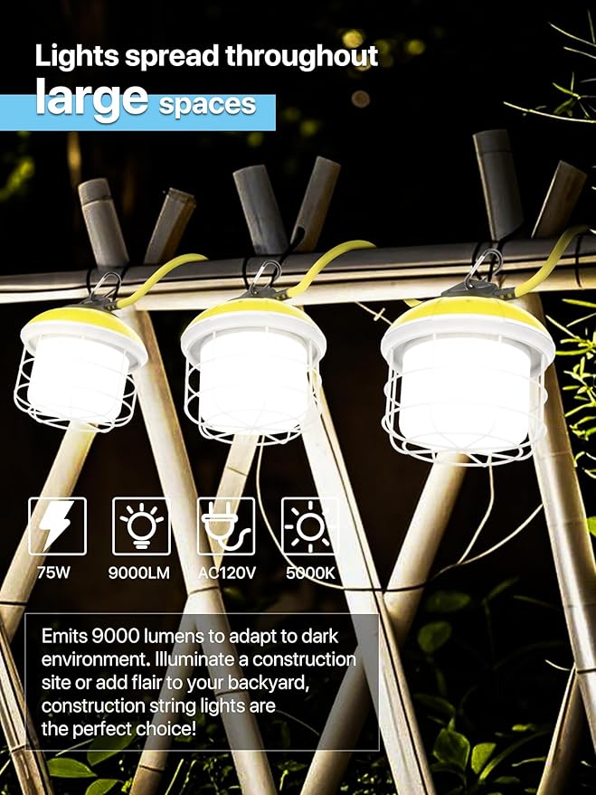 HYPERLITE LED Construction String Lights: 50FT LED String Work Lights with 5 Bulbs - IP65 Waterproof Linkable Temporary Lighting for Job Site Attic Renovation Crawlspace Lighting