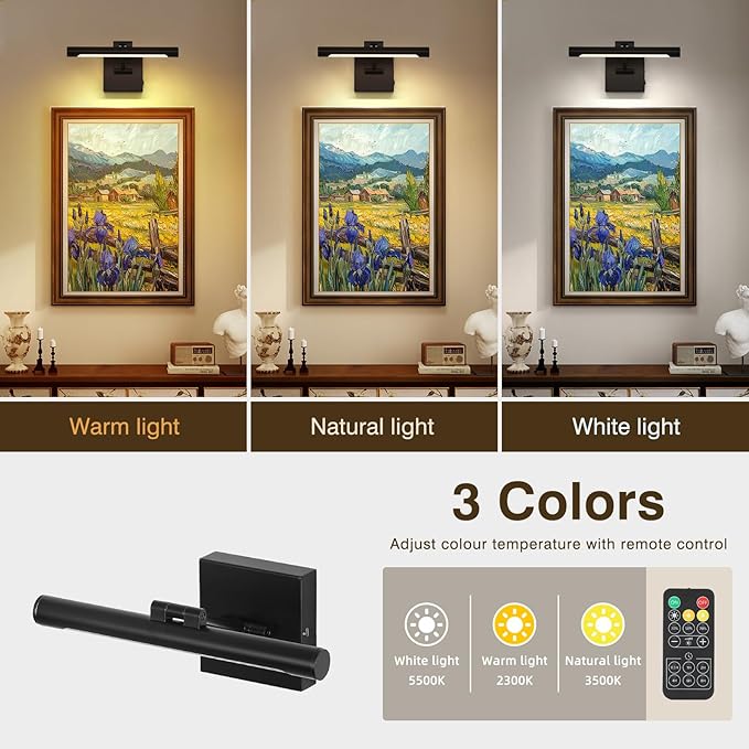Joosenhouse Battery Operated Picture Light (2-Pack), 5000mAh Rechargeable Wall Light, Wireless Art Display Light with Remote Timer and Dimmer, 12.6-Inch Black Painting Light