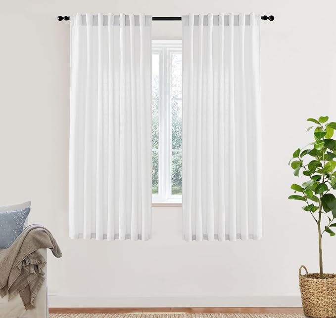 XTMYI White Sheer Curtains 63 Inch Length for Living Room 2 Panels Natural Linen Voile Rod Pocket Back Tab Short Sill Length Bay Window Curtain Set for Dark Bedroom,50x63 Inches Long,Pure White
