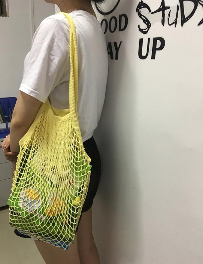 2Pcs Portable Reusable Mesh Cotton Net String Bag Organizer Shopping Tote Handbag Fruit Storage Shopper NEW (beige02 orange02)