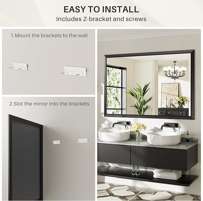 60x40 Inch Black Bathroom Mirror for Wall, Thick Metal Framed Rectangle Mirrors for Over Sink, Bedroom, Living Room, Entryway, Anti-Rust, HD Tempered Glass