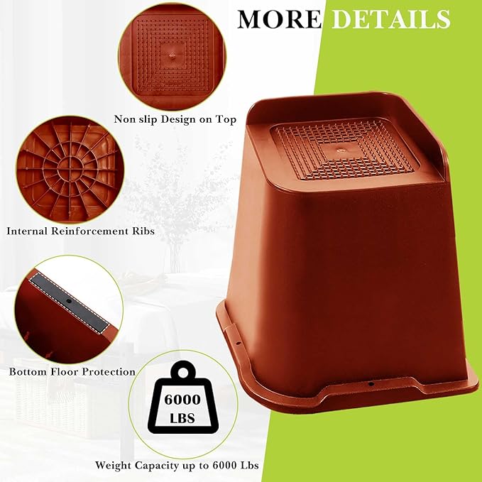 Bed Risers 1 inch, 2 inch, 3 inch, 4 inch, 6 inch, 8 inch Heavy Duty, Oversized Furniture Riser for Couch Sofa Table Chair Leg Frame Dorm, Support up to 6000 Lbs (Brown 4 Pack, 6 inch)