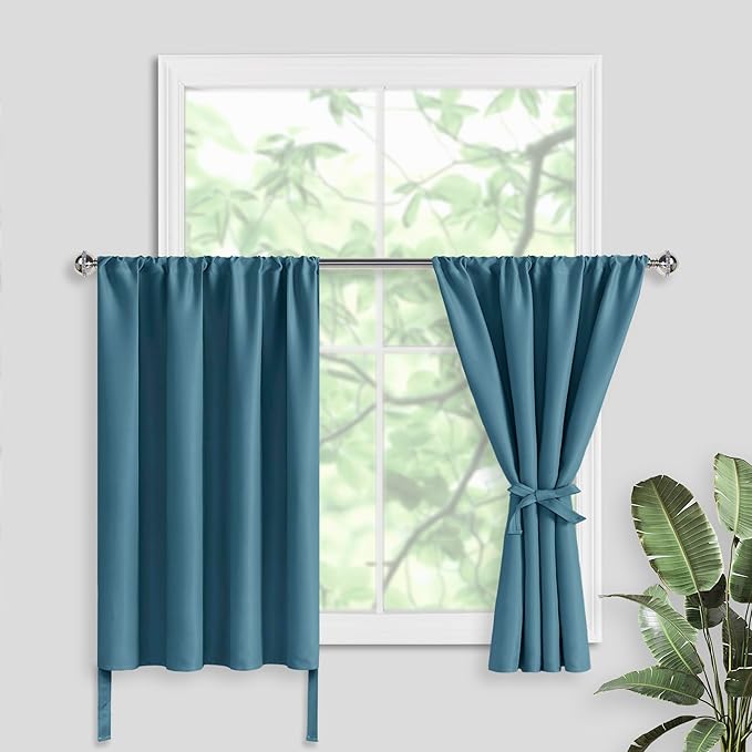 JIUZHEN Short Blackout Curtains for Small Window - Cafe Room Darkening Privacy Thermal Insulated Half Window Curtains Tiers for Bathroom,Kitchen, W 42 x L 30, Set of 2 Panels with Tiebacks, Stone Blue