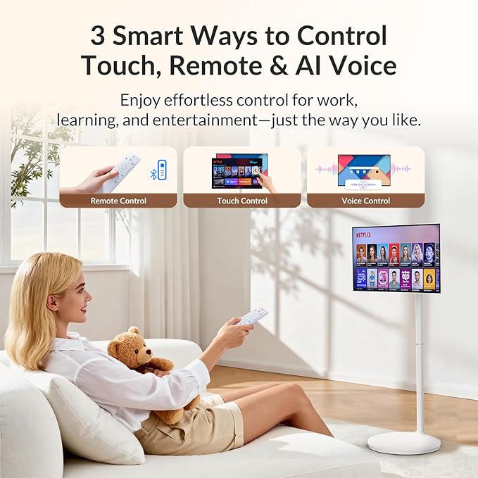 27" Smart Portable TV on Wheels, 16-Hours Playtime, Rolling TV with 8GB+128GB, Android 14, EDLA-Certified Touch Screen Monitor, 13 MP Camera, Remote & Voice Control
