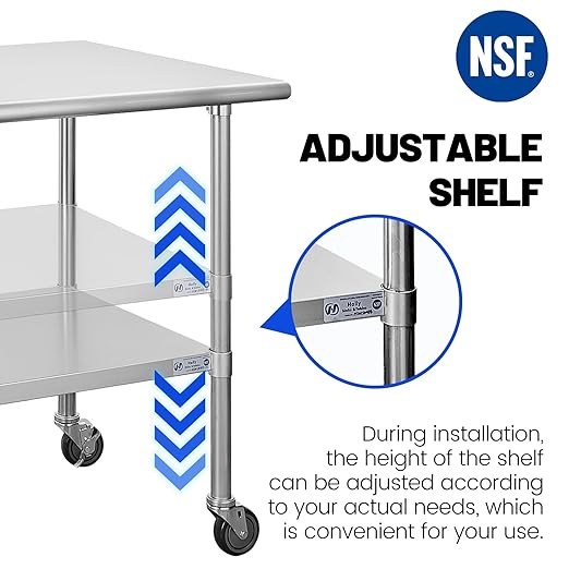 Hally Stainless Steel Table for Prep & Work 24 x 48 Inches with Caster Wheels, NSF Commercial Heavy Duty Table with Undershelf and Galvanized Legs for Restaurant, Home and Hotel