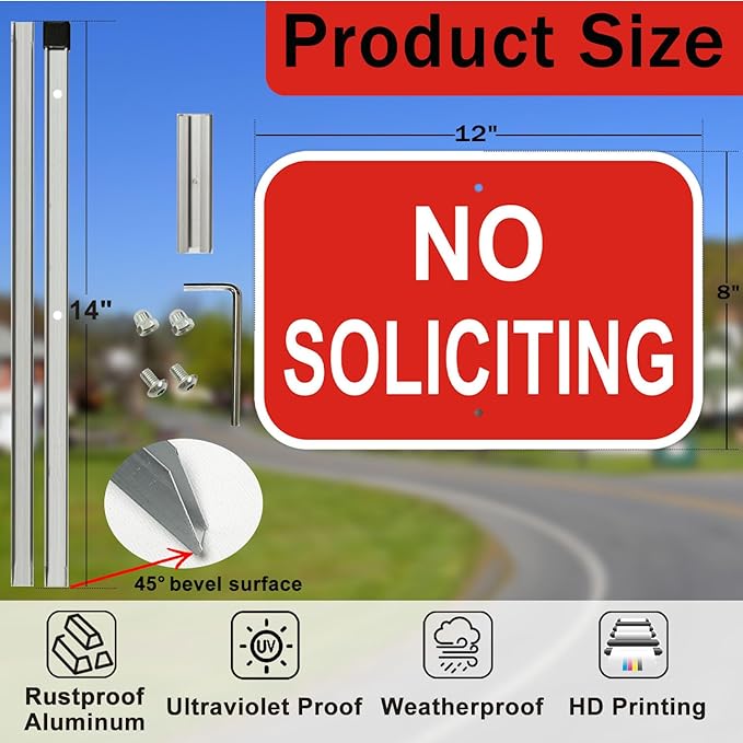 No Soliciting Sign with Stake, 12" x 8" Heavy Duty Aluminum Signs & 28" Long Aluminum Alloy Stakes, Red No Soliciting Sign for House, Home Yard Decor