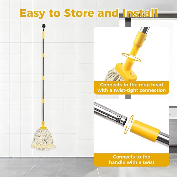 String Wet Mop for Floor Cleaning,Industrial Cotton Mop with Long Handle, Regular Mops for House Kitchen Bathroom Garage Office Hardwood Concrete Tile Floors,Yellow