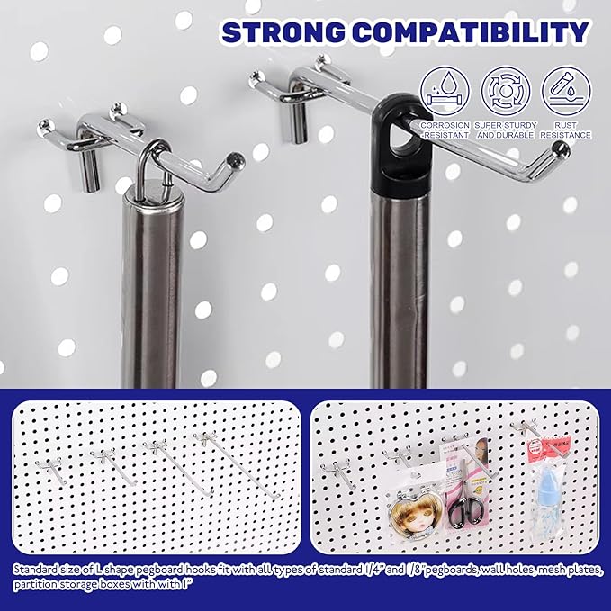 40Pcs 2" 4" 6" 8" Pegboard Display Hooks Assortment Set, Stainless Steel Garage Organization Peg Wall Hook Metal Slatwall Panel Hook Fit 1/8 and 1/4 Inch Pegboard for Retail Shop