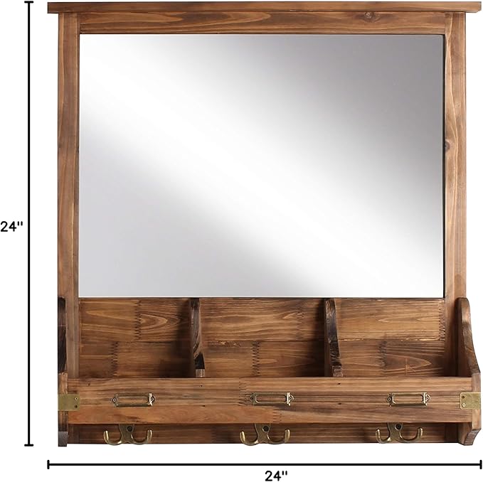 Kate and Laurel Stallard Decorative Rustic Wood Home Organizer with Mirror, Pockets, and Key Hooks, Rustic Brown
