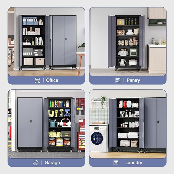 Metal Garage Cabinet with Wheels, Tall Storage Cabinet with 4 Adjustable Shelves and 2 Doors, Lockable Tool Cabinet for Garage Home Office,Gym,School (Black-Gray)