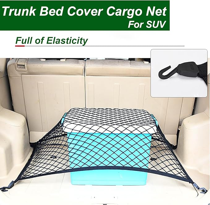Elastic Cargo Net for SUV, Trunk Net with Hook, Car Net for Trailer, Truck Bed Netting Cover Storage,32" X 24" Stretch to 63"X43" for Universal Organizer, Luggage Cover