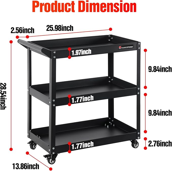 Service Tool Cart on Wheels - 3 Tire Rolling Cart, Industrial Commercial Service Cart TQ112