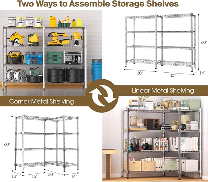 Himimi 4-Tier Heavy Duty Metal Storage Rack, 1200LBS Adjustable Wire Shelving for Storage, Standing Storage Shelf Units for Kitchen Garage Pantry Laundry, 60" W x 14" D x 60" H, Silver