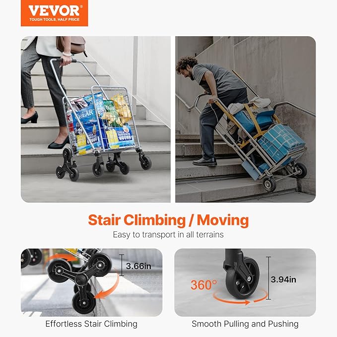 VEVOR Grocery Shopping Cart, 45L Stair Climbing Shopping Cart with 360° Rolling Swivel Wheels, Stair Climber Utility Cart with Tri-Wheels, Foldable Collapsible & Lightweight for Laundry Travel, Silver