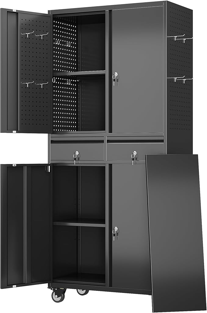 Aobabo Metal Garage Storage Cabinet with Wheels and 2 Locking Drawers, 71" H Steel Rolling Cabinet with 8 Hooks and 2 Adjustable Shelves for Home, Office, Assembly Required, Black